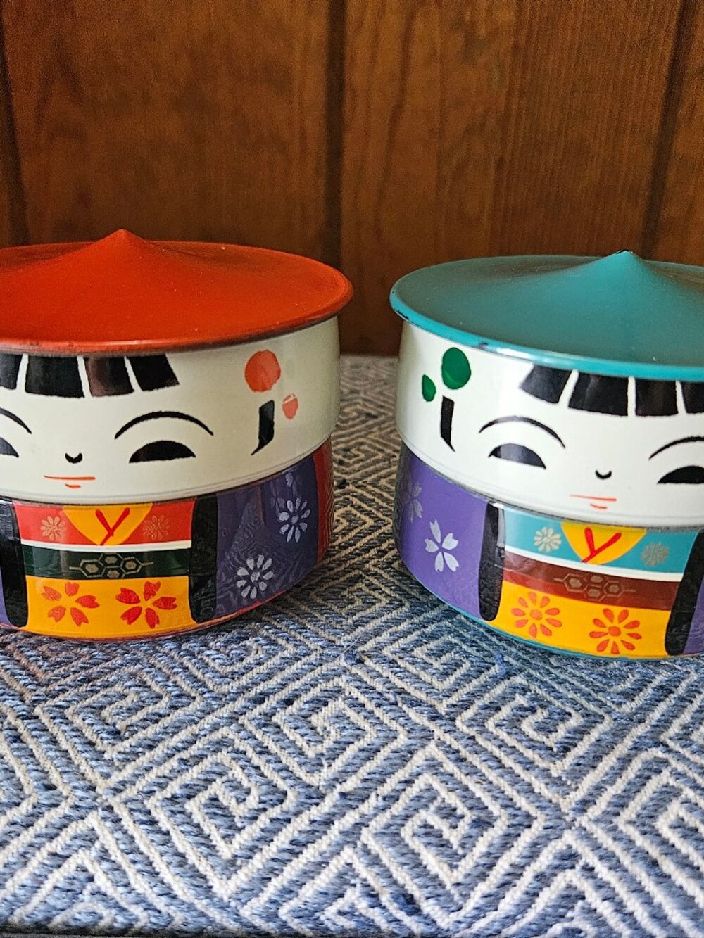 Vintage Kokeshi Doll Lacquerware Stacking Trinket/Bento Boxes, Set of 2